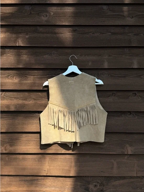 Suede Fringe Vest - Tan Women's Vest - Picture 3 of 3